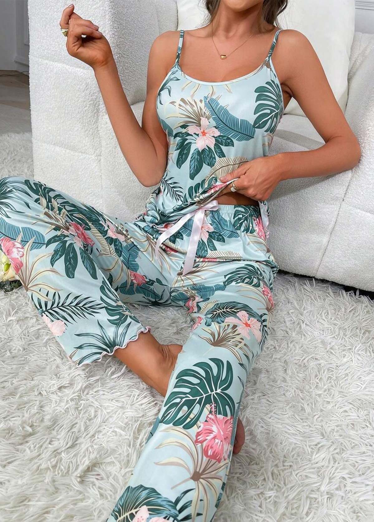 Turquoise loungewear,Plants loungewear,Tropical Plants Print Turquoise Strappy Lounge Top and Pants