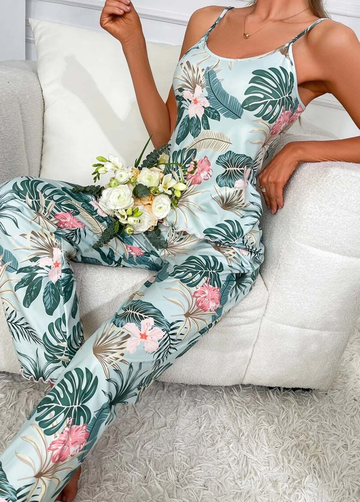 Turquoise loungewear,Plants loungewear,Tropical Plants Print Turquoise Strappy Lounge Top and Pants