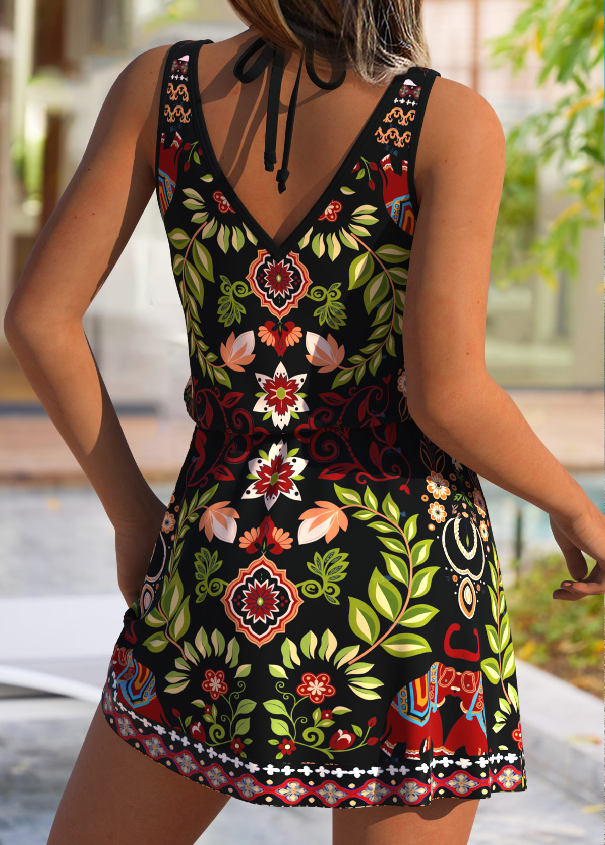 Black swimwear,Plants swimwear,ROTITA Tummy Coverage Black Leaf Print Cover Up