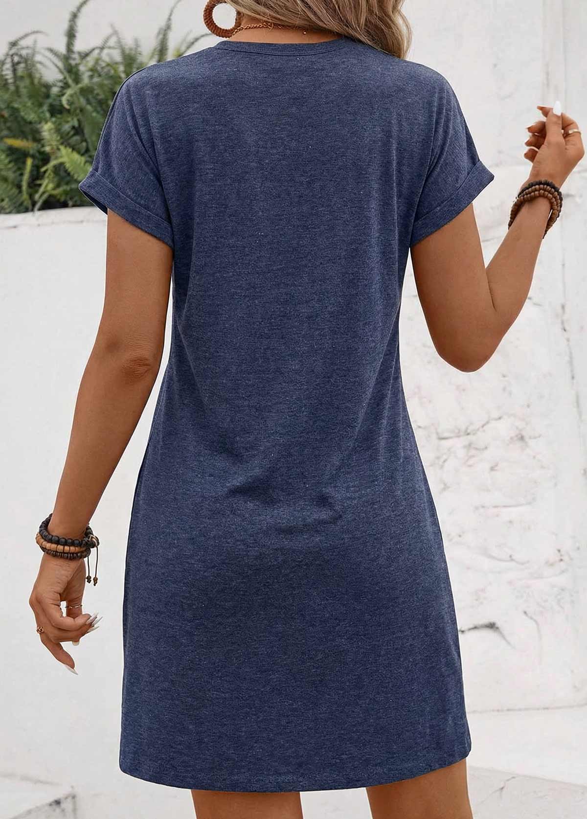 Navy dresses,Plain Color dresses,Vacation dresses,ROTITA Navy Tuck Stitch Short Round Neck Dress
