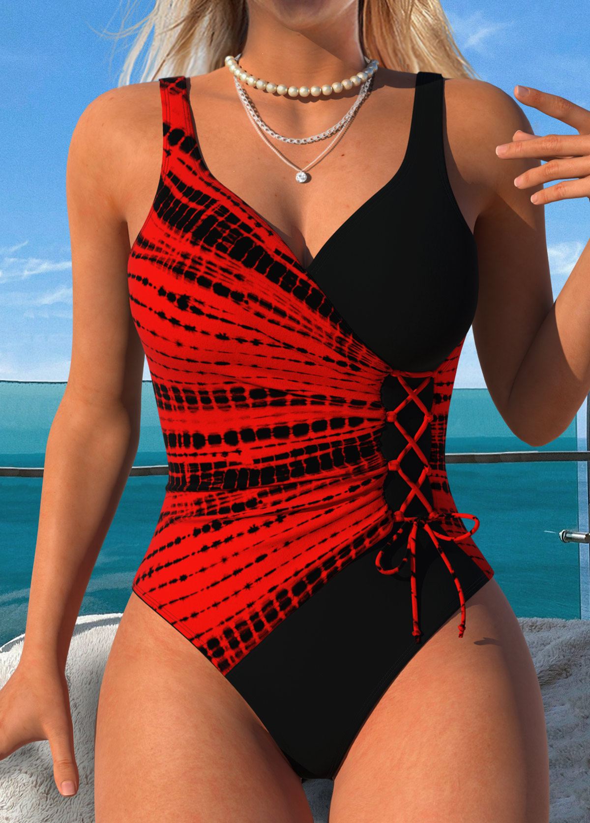 Red swimwear,Tie Dye swimwear,ROTITA Pull On Red Tie Dye Print One Piece Swimwear