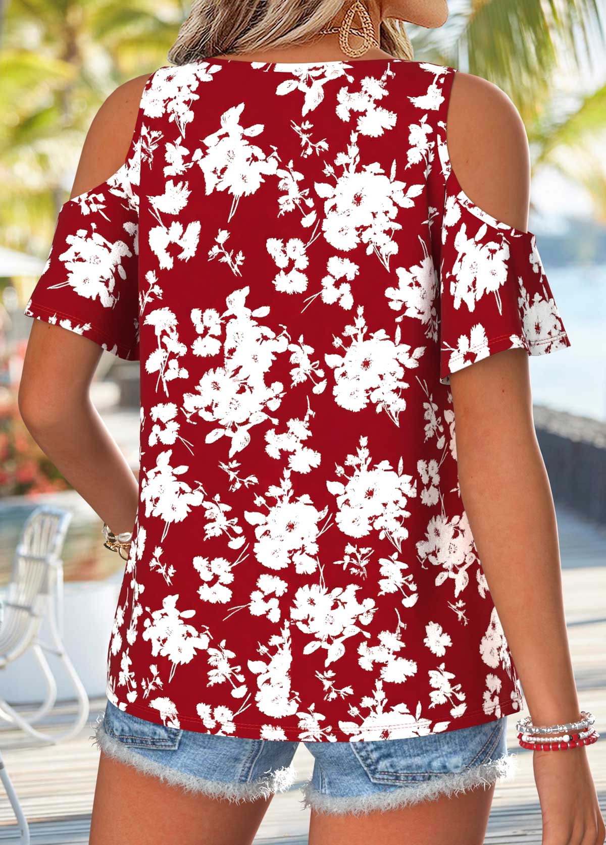 Wine Red tops,Floral tops,Plants tops,ROTITA Twist Floral Print Wine Red V Neck T Shirt