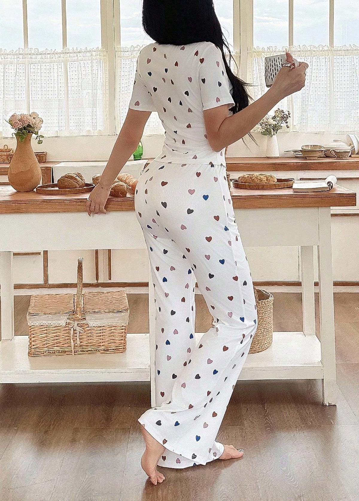 White loungewear,Heart loungewear,Heart Print White Square Neck Lounge Top and Pants
