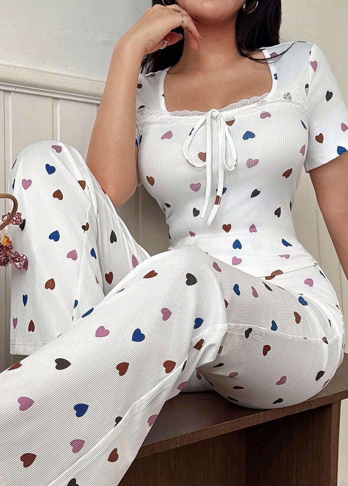 White loungewear,Heart loungewear,Heart Print White Square Neck Lounge Top and Pants