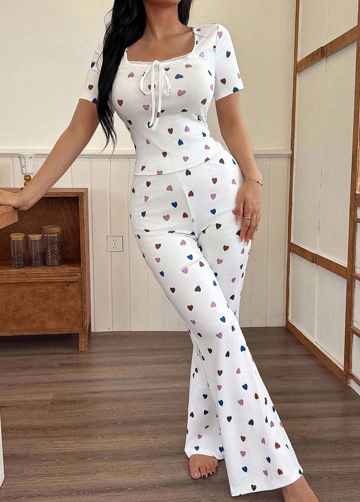 White loungewear,Heart loungewear,Heart Print White Square Neck Lounge Top and Pants