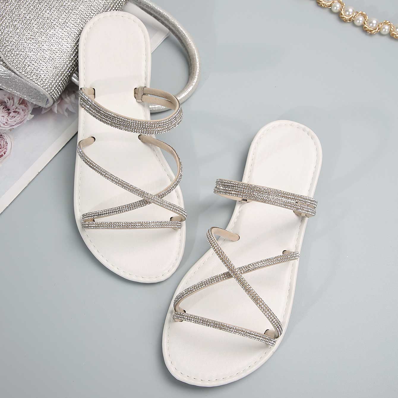 Silvery White shoes,Plain Color shoes,Silvery White Falt Round Toe Sandals