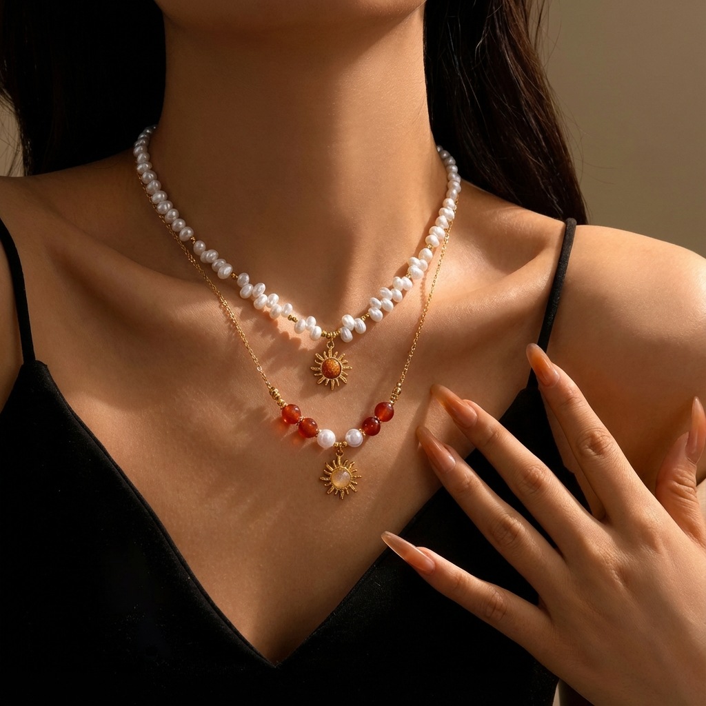 Golden jewelry,Double-layered Gold Color and Pearl Necklace