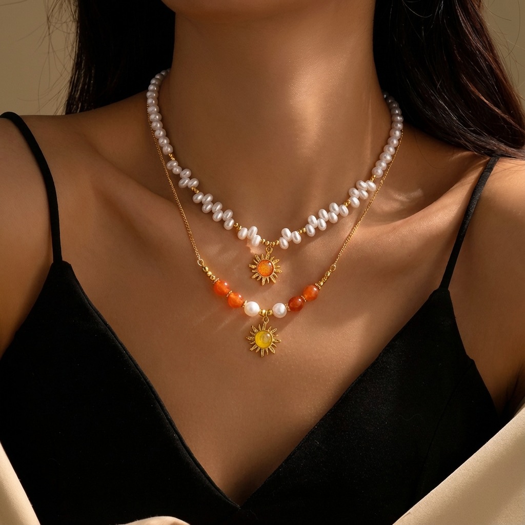 Golden jewelry,Double-layered Gold Color and Pearl Necklace