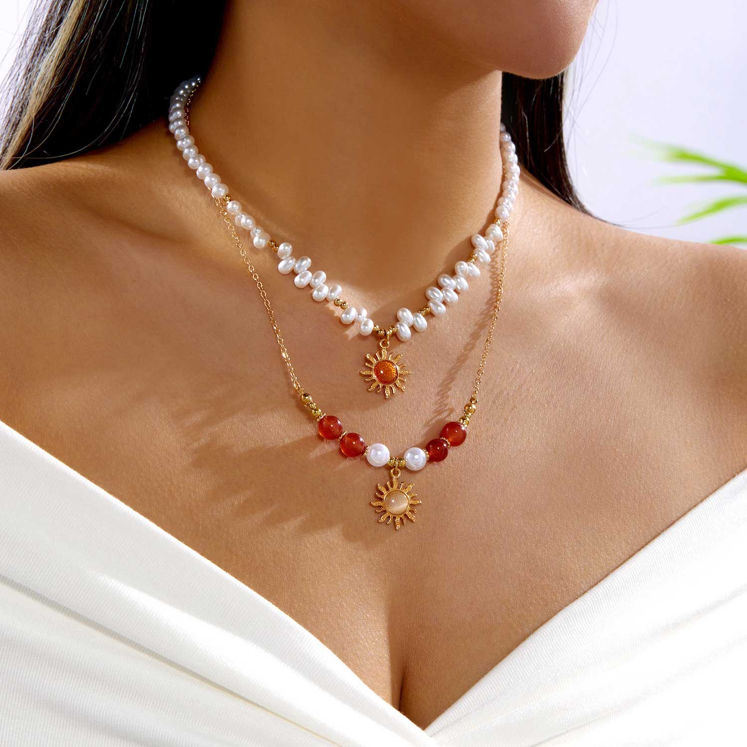 Golden jewelry,Double-layered Gold Color and Pearl Necklace