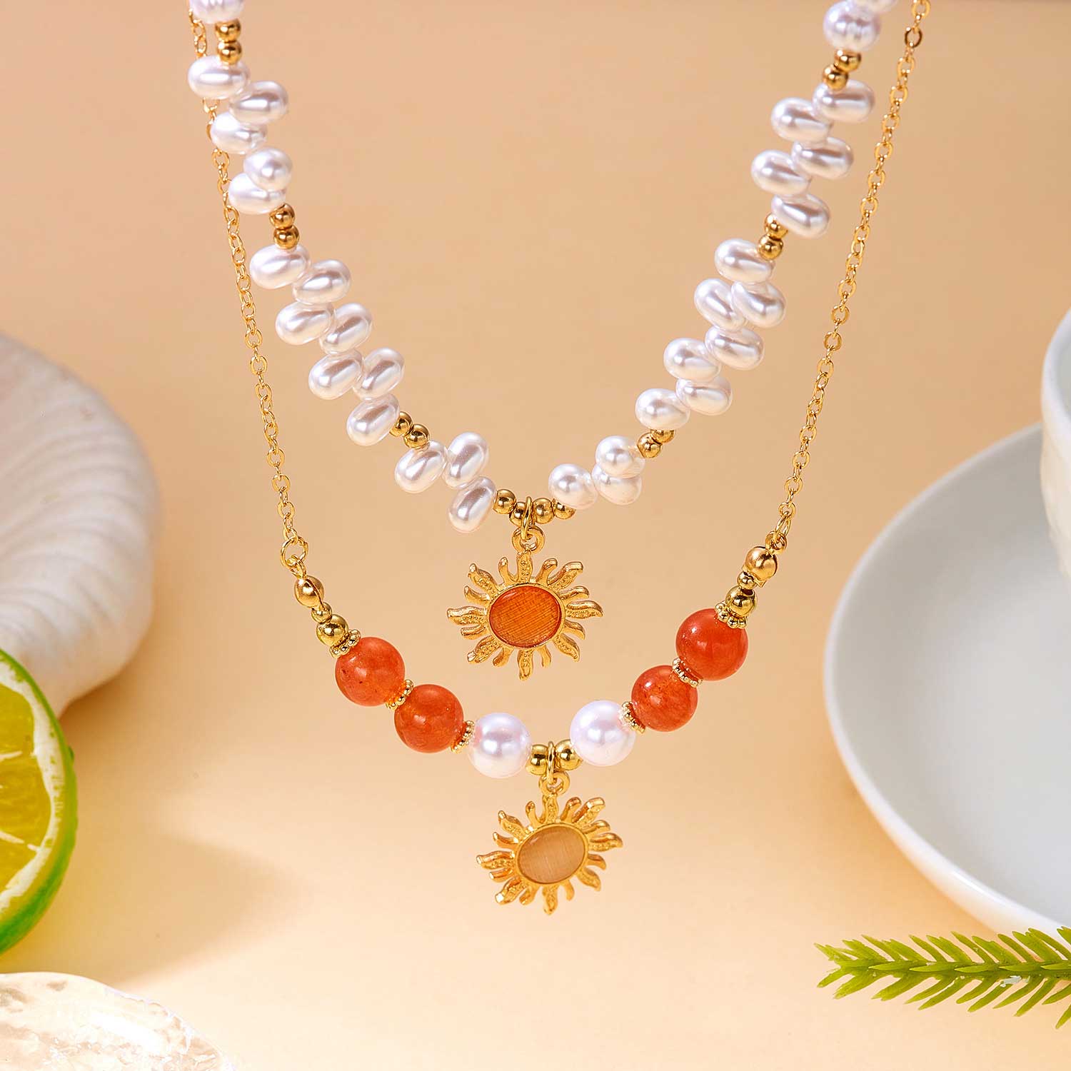Golden jewelry,Double-layered Gold Color and Pearl Necklace