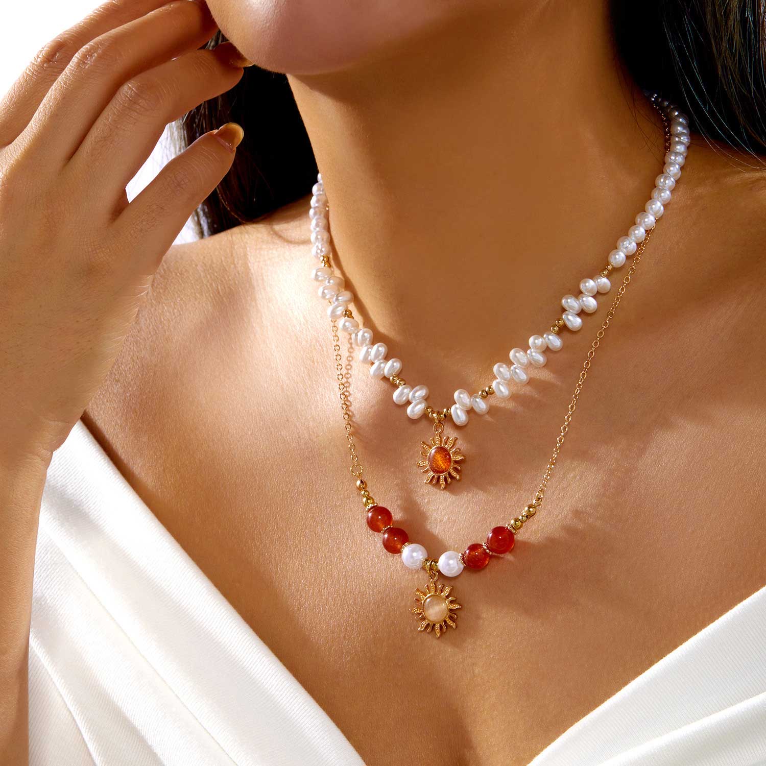 Golden jewelry,Double-layered Gold Color and Pearl Necklace