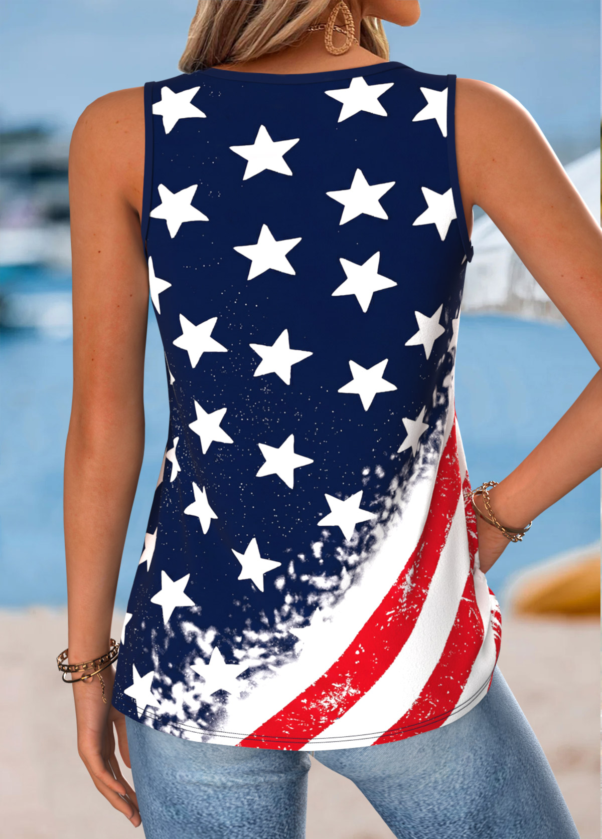 Navy tops,Flag tops,ROTITA Curved Hem Flag Print Navy V Neck Tank Top