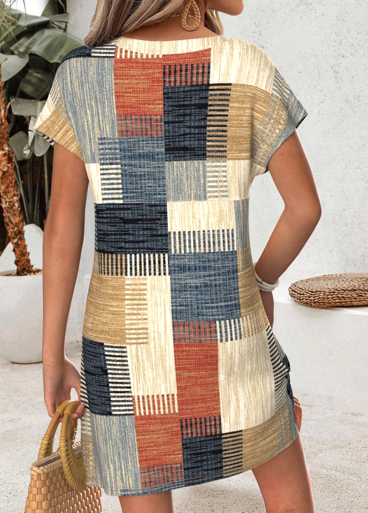 Multi Color dresses,Geometric dresses,Vacation dresses,Vacation dresses,ROTITA Multi Color Geometric Print Tummy Coverage Short Dress