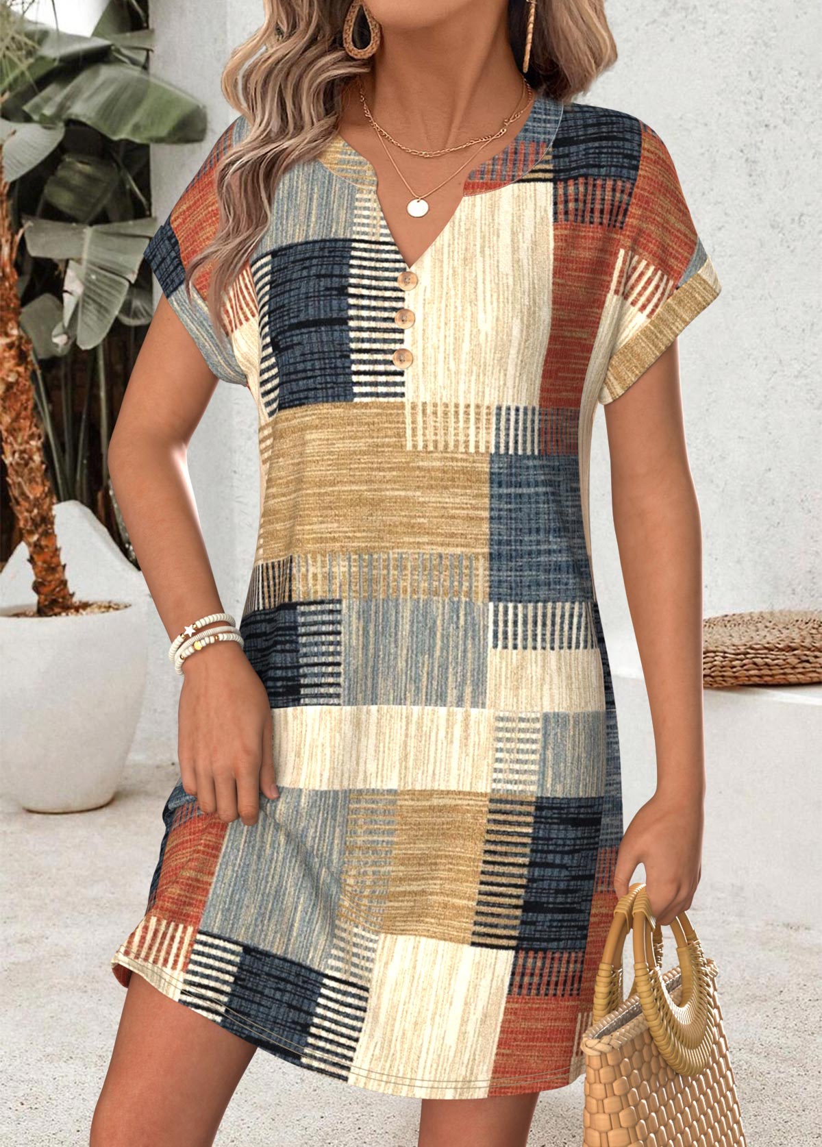 Multi Color dresses,Geometric dresses,Vacation dresses,Vacation dresses,ROTITA Multi Color Geometric Print Tummy Coverage Short Dress