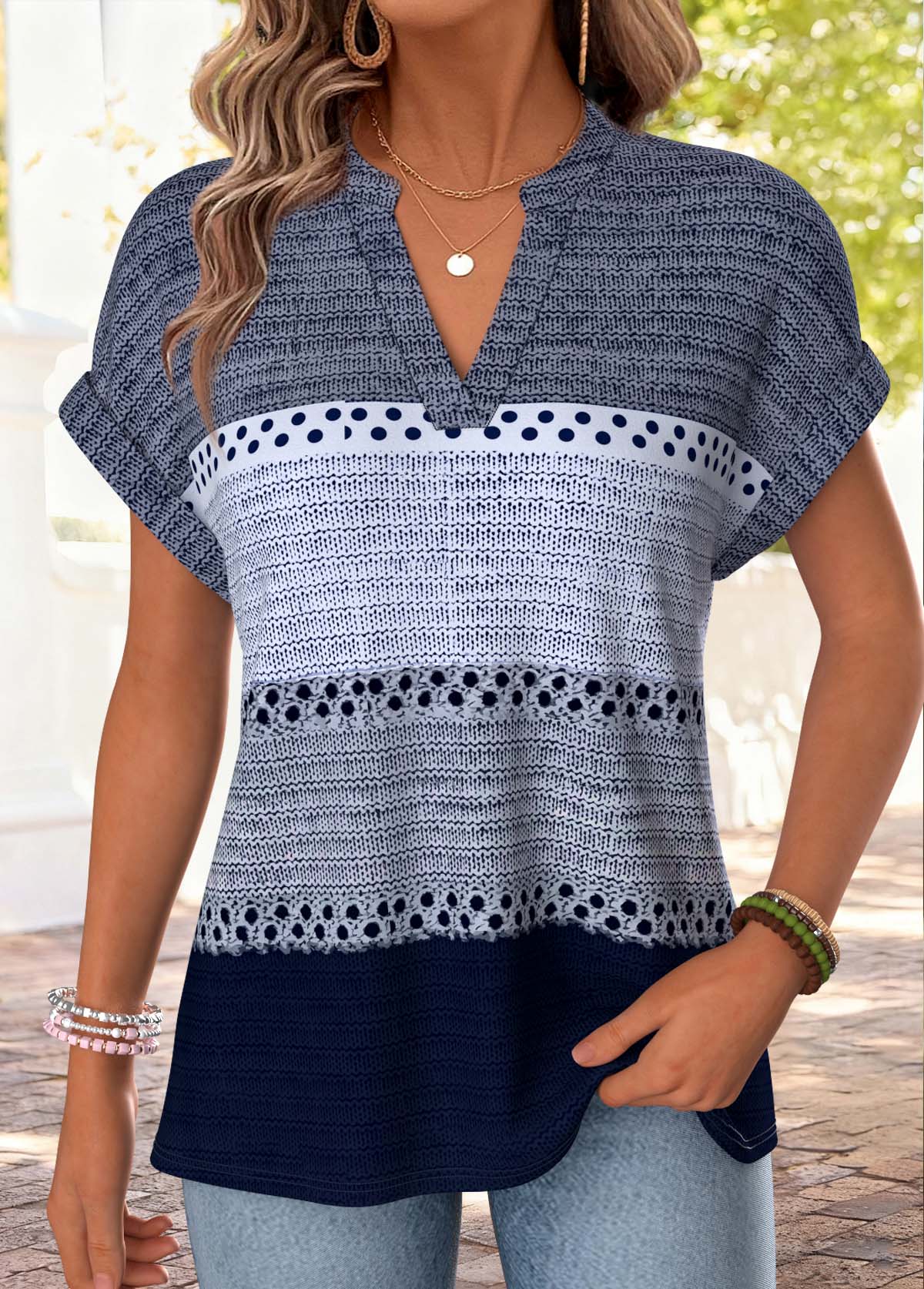 Blue plus size,Striped plus size,Geometric plus size,ROTITA Plus Size Blue Striped Split Neck T Shirt