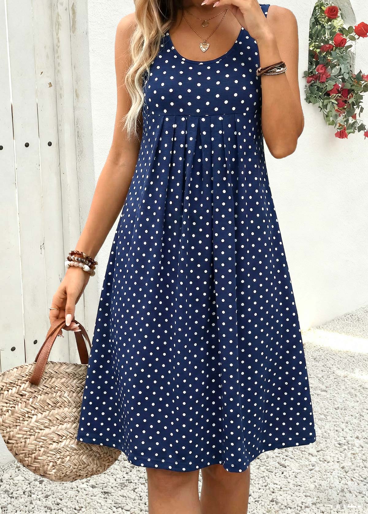 Navy dresses,Dot dresses,Casual dresses,ROTITA Navy Polka Dot Pleated A Line Scoop Neck Dress