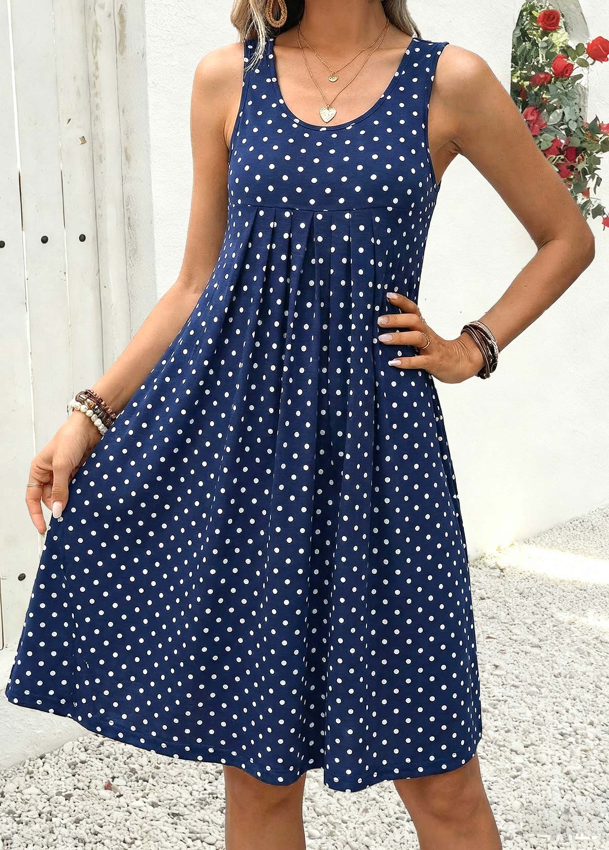 Navy dresses,Dot dresses,Casual dresses,ROTITA Navy Polka Dot Pleated A Line Scoop Neck Dress