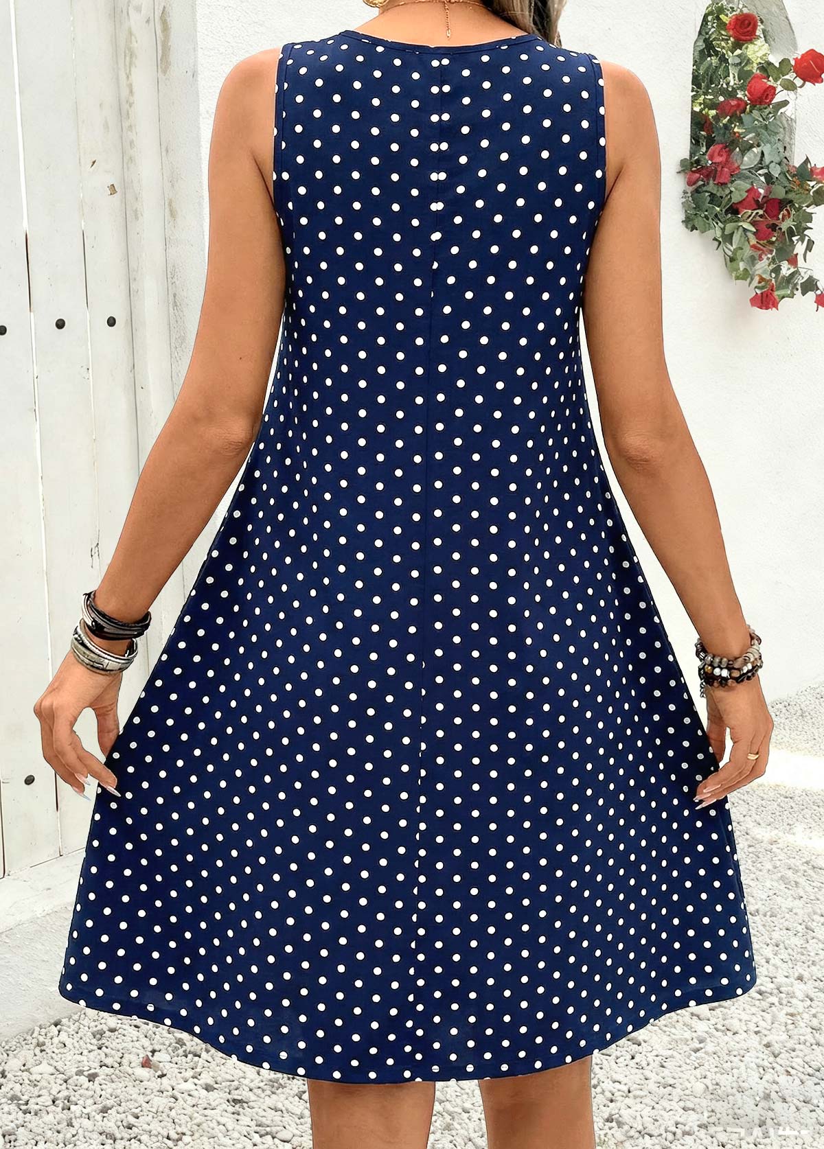 Navy dresses,Dot dresses,Casual dresses,ROTITA Navy Polka Dot Pleated A Line Scoop Neck Dress