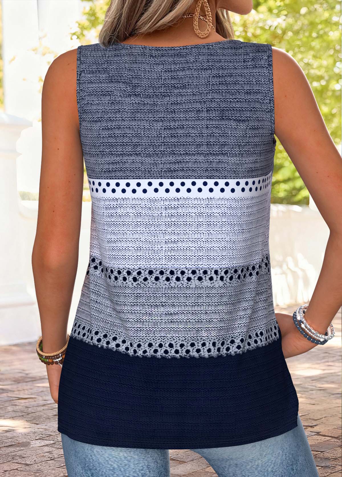 Blue tops,Striped tops,Geometric tops,ROTITA Tie Striped Blue V Neck Sleeveless Tank Top
