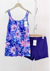 Purple swimwear,Floral swimwear,Plants swimwear,ROTITA Contrast Binding Purple Floral Print Tankini Set