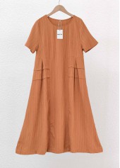Terracotta dresses,Plain Color dresses,Everyday dresses,Casual dresses,ROTITA Patchwork Terracotta A Line Round Neck Short Sleeve Dress