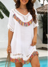 White swimwear,Plain Color swimwear,ROTITA White V Neck Tassel Patchwork Cover Up
