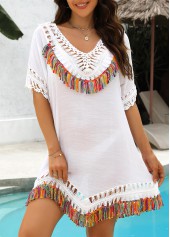 Rotita weißes Strandkleid mit V-Ausschnitt Quasten und Patchwork-Muster