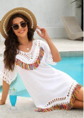 White swimwear,Plain Color swimwear,ROTITA White V Neck Tassel Patchwork Cover Up