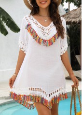 White swimwear,Plain Color swimwear,ROTITA White V Neck Tassel Patchwork Cover Up