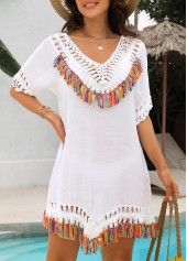 White swimwear,Plain Color swimwear,ROTITA White V Neck Tassel Patchwork Cover Up