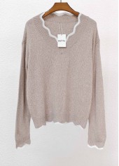Light Camel tops,Plain Color tops,Tummy Coverage Light Camel V Neck Long Sleeve Sweater