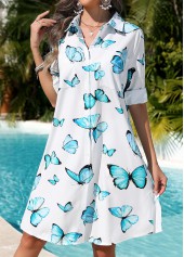 Pocket White Butterfly Print Cover Up