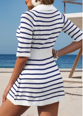 Blue swimwear,Striped swimwear,Geometric swimwear,Blue Striped Half Sleeve Cover Up