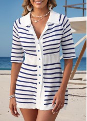 Blue swimwear,Striped swimwear,Geometric swimwear,Blue Striped Half Sleeve Cover Up