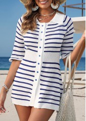 Blue swimwear,Striped swimwear,Geometric swimwear,Blue Striped Half Sleeve Cover Up