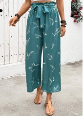 Turquoise bottoms,Plants bottoms,Plants Print Turquoise Wide Leg Elastic Waist Pants