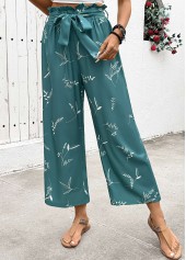 Plants Print Turquoise Wide Leg Elastic Waist Pants