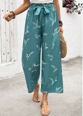 Turquoise bottoms,Plants bottoms,Plants Print Turquoise Wide Leg Elastic Waist Pants