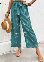 Turquoise bottoms,Plants bottoms,Plants Print Turquoise Wide Leg Elastic Waist Pants