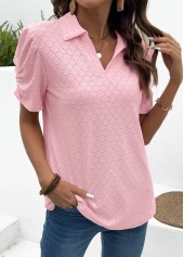 Pink tops,Plain Color tops,ROTITA Tummy Coverage Pink Turn Down Collar Short Sleeve Blouse