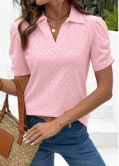 Pink tops,Plain Color tops,ROTITA Tummy Coverage Pink Turn Down Collar Short Sleeve Blouse
