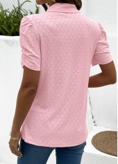 Pink tops,Plain Color tops,ROTITA Tummy Coverage Pink Turn Down Collar Short Sleeve Blouse