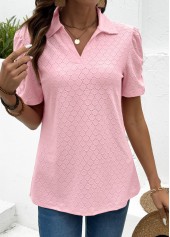 Pink tops,Plain Color tops,ROTITA Tummy Coverage Pink Turn Down Collar Short Sleeve Blouse