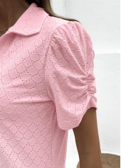 Pink tops,Plain Color tops,ROTITA Tummy Coverage Pink Turn Down Collar Short Sleeve Blouse