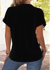 Black tops,Beige tops,Striped tops,Geometric tops,ROTITA Tummy Coverage Striped Black Split Neck Short Sleeve Blouse