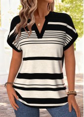 Black tops,Beige tops,Striped tops,Geometric tops,ROTITA Tummy Coverage Striped Black Split Neck Short Sleeve Blouse