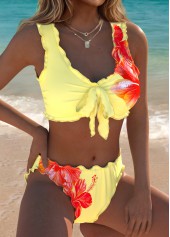 Light Yellow swimwear,Floral swimwear,Plants swimwear,ROTITA Pull On Light Yellow Floral Print Bikini Set