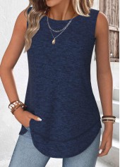 Navy tops,Plain Color tops,ROTITA Tummy Coverage Navy Round Neck Sleeveless Tank Top
