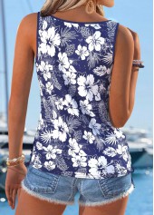 Navy tops,Floral tops,Plants tops,ROTITA Tummy Coverage Floral Print Navy Split Neck Tank Top
