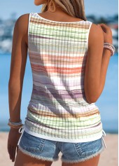 Multi Color tops,Striped tops,Geometric tops,ROTITA Bowknot Striped Multi Color Split Neck Sleeveless Tank Top